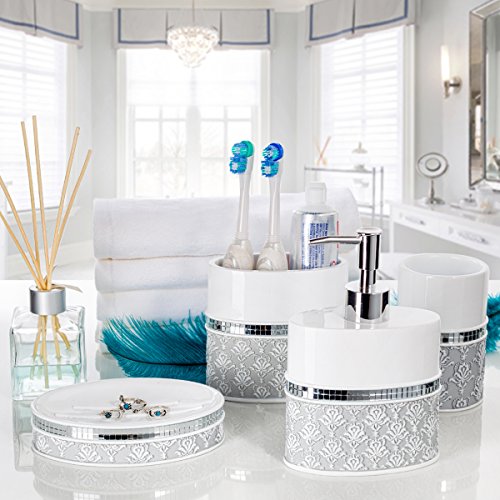 Mirror Damask Toothbrush and Toothpaste Holder - Bathroom Tumbler Cup | Gray & White round Electric Bathroom Tooth brush and Toothpaste Holder, Makeup Brushes organizer - color: Toothbrush Cup