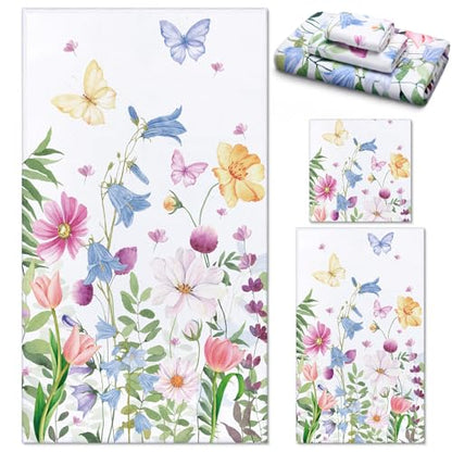 Preboun 3 Pack Floral Hand Towels Spring Bathroom Towels Set Watercolor Wildflower Hand Towels Butterfly Bath Towels Plant Leaves Dish Towels for Bathroom Kitchen Hotel Gym Spa - color: Pink, Blue, Yellow, style: Flower
