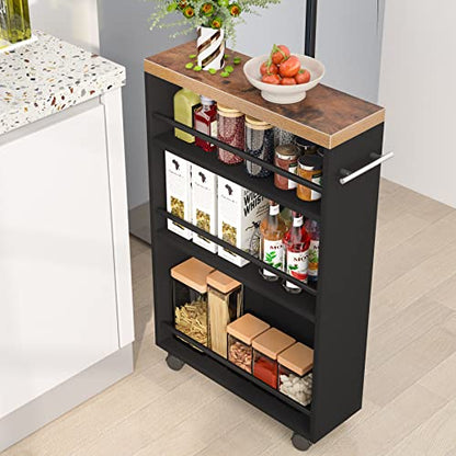Tribesigns Slim Storage Cart, Rolling Narrow Kitchen Cart on Wheels for Small Place, 4-Tier Slide Out Slim Utility Cart Skinny Laundry Cart with Handle for Kitchen, Bathroom, Laundry - style: Rustic