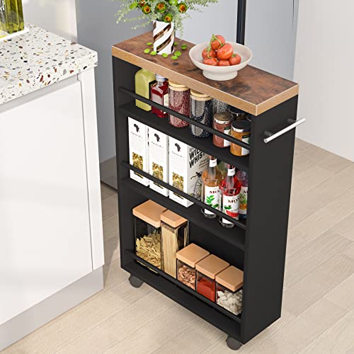 Tribesigns Slim Storage Cart, Rolling Narrow Kitchen Cart on Wheels for Small Place, 4-Tier Slide Out Slim Utility Cart Skinny Laundry Cart with Handle for Kitchen, Bathroom, Laundry - style: Rustic