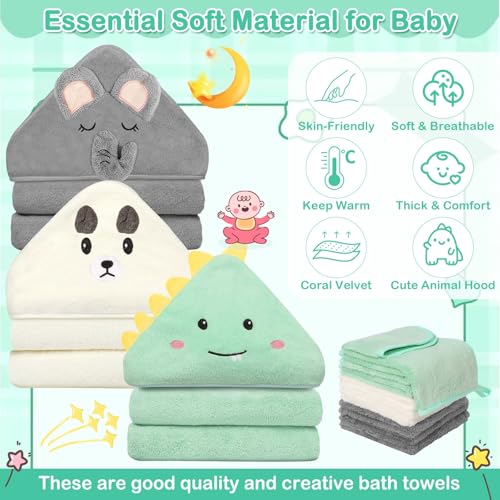 Sublaga 12 Pcs Baby Towels and Washcloths Set, 3 Pcs Baby Bath Towels & 8 Pcs Washcloths Set, Cute Baby Towels, Ultra Absorbent Soft Newborn Bath Essentials Gifts for Boys & Girls - color: Green Dinosaur, White Bear, Gray Bear