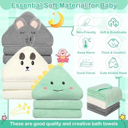 Sublaga 12 Pcs Baby Towels and Washcloths Set, 3 Pcs Baby Bath Towels & 8 Pcs Washcloths Set, Cute Baby Towels, Ultra Absorbent Soft Newborn Bath Essentials Gifts for Boys & Girls - color: Green Dinosaur, White Bear, Gray Bear
