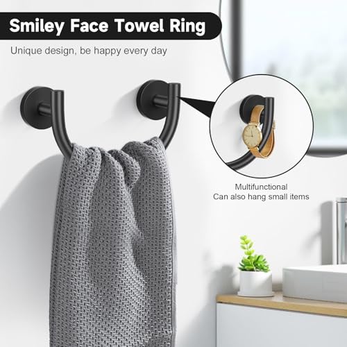 Matte Black Towel Bar Set, 5-Piece Bathroom Hardware Set with Smiley Face Towel Rings, Stainless Steel Wall-Mounted Towel Rack Set 23.6 Inch - color: Black