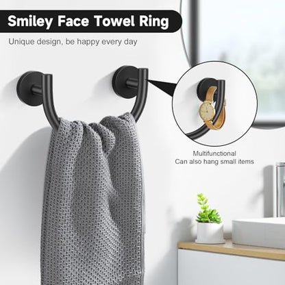 Matte Black Towel Bar Set, 5-Piece Bathroom Hardware Set with Smiley Face Towel Rings, Stainless Steel Wall-Mounted Towel Rack Set 23.6 Inch - color: Black