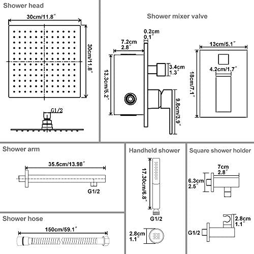 Hoimpro 12'' Rain Shower Head Shower Faucet Set with Handheld Sprayer Black | Stainless Steel Rainfall Shower Head, Shower System Fixture Combo, Square, High Pressure Vlave Trim Kit, Wall Mounted, Matte - color: Matte Black
