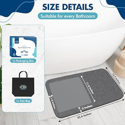 2-in-1 Stone Bath Mat with Rug – Diatomaceous Earth + Microfiber Fusion Mat for Bathroom – Ultra Absorbent, Quick-Dry, Non-Slip, Easy to Clean – Includes Gift Box & Tote