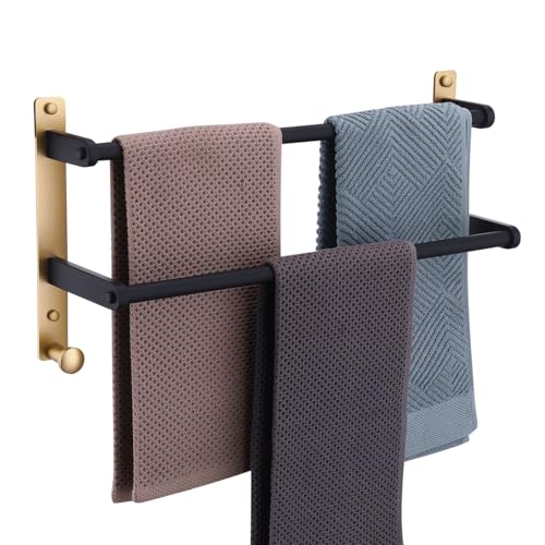 18 Inch Stainless Steel Towel Rack with Hooks - 2-Tiers Ladder Towel Hanger, Double Bar Wall Mounted for Bathroom, Black & Gold - color: Black & Gold, size: 18-Inch