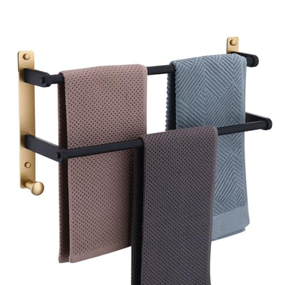 18 Inch Stainless Steel Towel Rack with Hooks - 2-Tiers Ladder Towel Hanger, Double Bar Wall Mounted for Bathroom, Black & Gold - color: Black & Gold, size: 18-Inch