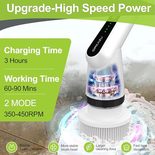 Dreazu Electric Spin Scrubber, 10-in-1 Shower Scrubber & Retractable Long Handle, 44 lbs High-Torque & Variable Speed Shower Cleaning Brush for Bathroom,Toilet, Bathtub, Kitchen, Tile Floors - color: White&black