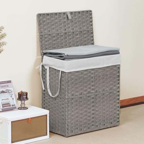 DUMOS Wicker Laundry Basket with Lid, 110L Woven Laundry Hamper with Handles, Foldable Rattan Clothes Hamper with Removable Liner & Sturdy Steel Frame, Dove Gray - color: Dove Gray, size: 110L