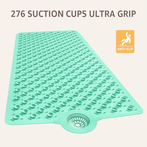 OTHWAY Bath Mat for Tub Non Slip: 39" X 17" Long Bathtub Mat with Hair Catcher│Big Drain Holes Shower Mats for Inside Shower│Machine Washable (Light Green) - color: Light Green