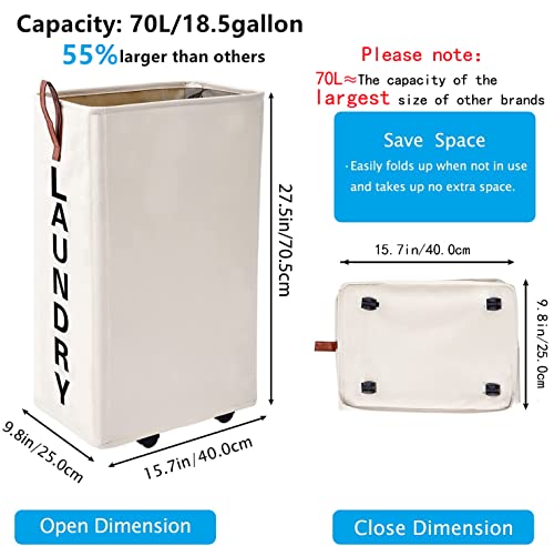 70L Large Rolling Laundry Hamper - Tall Narrow Basket With Wheels, Slim Clothes Bin, 27.5" Beige - color: Beige/L, size: Slim Pro 27.5"