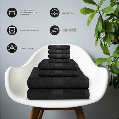 Ocean Towel Set for Bathroom 100% Luxury Cotton Bath Towels Set of 8 (2 Bath Towel and 2 Hand Towel Set & 4 Wash Cloth) Black Soft Towels Bathroom Set 600 GSM Double Stitched for Durability - color: Black