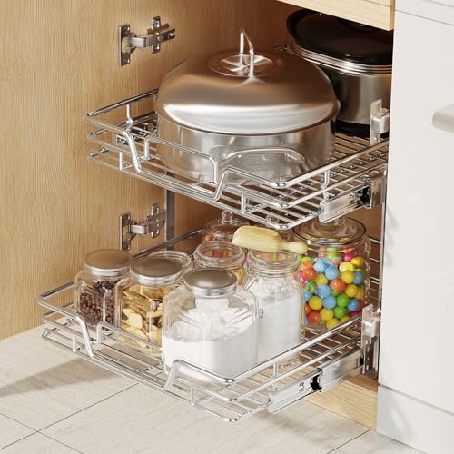 2-Tier Kitchen Cabinet Pull Out Shelf and Drawer Organizer Slide Out Pantry Storaqe Basket in Multiple Sizes (15" W x 21" D) - size: 15" W x 21" D