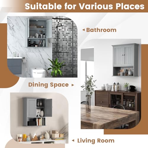 Bathroom Wall Cabinet, Over the Toilet Storage Cabinet with 2 Doors, 3 Heights Adjustable Shelf & Open Shelf, Wooden Hanging Medicine Cabinet for Bathroom, Kitchen, Living & Laundry Room, Gray - color: Grey