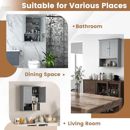 Bathroom Wall Cabinet, Over the Toilet Storage Cabinet with 2 Doors, 3 Heights Adjustable Shelf & Open Shelf, Wooden Hanging Medicine Cabinet for Bathroom, Kitchen, Living & Laundry Room, Gray - color: Grey
