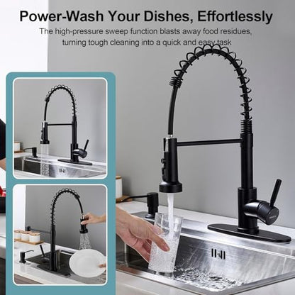 Kitchen Faucets with Pull Down Sprayer and Soap Dispenser, Matte Black Stainless Steel Single Pull Out Spring Sink Faucet, 3 Function Sprayer 1 or 3 Hole Deck Plate for Farmhouse Rv Bar - color: Matte Black, style: Classic(with Soap Dispenser)