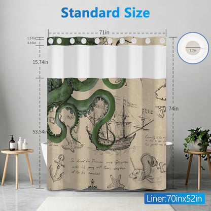 Nautical Theme Shower Curtains for Bathroom, No Hook Giant Octopus Shower Curtain with Mesh Top Window and Snap in Liner, 71x74 Inch Double-layer Waterproof Fabric Shower Curtain with Weighted Bottom - color: Octopus