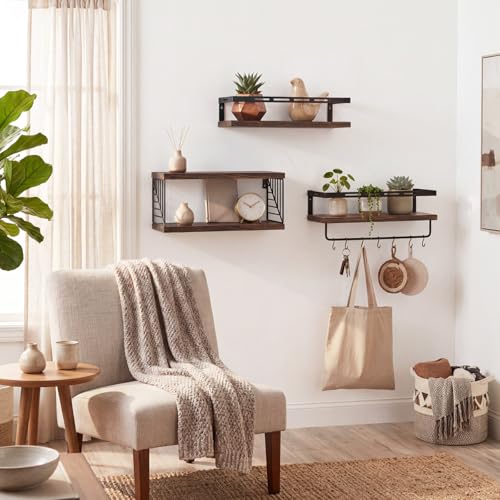Fixwal Wall Mounted Bathroom Shelves Over Toilet (3+1 Dark Brown) | Wall Shelf with Basket Storage , Towel Bar, Solid Wood, 22Lb Capacity, Easy DIY Install - color: 6-dark Brown