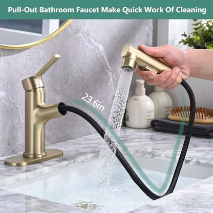Bathroom Sink Faucet with Pull Out Sprayer, Single Handle Modern Bathroom Basin Faucet with Pop-up Sink Drain Stopper & Deck Plate 1 or 4-inch Centerset 3 Hole, Gold - color: Gold