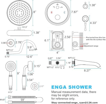 Enga Brushed Gold Antique Brass Tub Shower Faucet Fixture Shower System, 8inch Wall Mount Rain Shower with Spout and Hand Spray - color: Brushed Gold, style: 8" Head + Tub