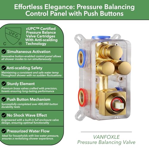 VANFOXLE Shower Faucet Set Brushed Gold Shower System, Push Button Diverter | 12 Inch Ceiling Mount Rain Head Increased Thick, 6 Inch Wall Mount Head, 2-in-1 Handheld Sprayer, Rust Resistant - color: Brushed Gold, style: 12"+6" Head