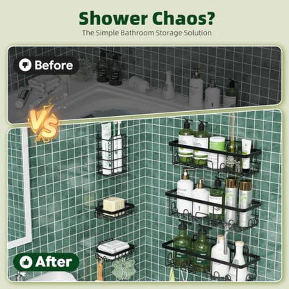 Simple Trending 6-Pack Shower Caddy Adhesive with Large Capacity | No Drilling Shower Shelves, Rustproof Stainless Steel Bathroom Organizers and Storage , Quick Dry, Abrasion Resistant, Black