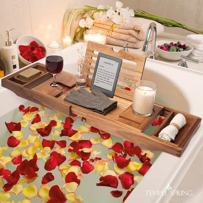 Acacia Wood Bathtub Tray Caddy for Tub — Expandable Bath Tray with Solid Book Stand Wine Holder and Non-Slip Pads — Includes Soap Dish and Spa Accessories — Luxury Hardwood Bath Gift Set - color: Acacia Wood
