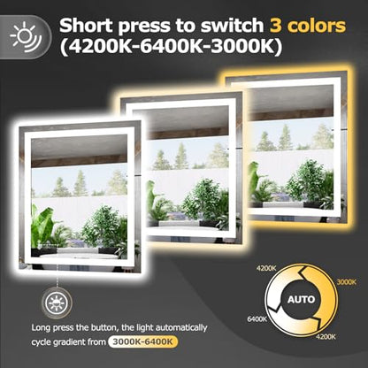 Hivone 30"X36" LED Bathroom Mirror with Lights, Anti-Fog, Dimmable, Backlit + Front Lit, Smart Bathroom Vanity Mirror, Memory Function, Shatterproof, Tempered Glass (Horizontal/Vertical) - size: 30"L x 36"W