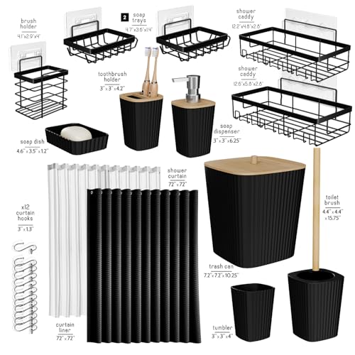 Clara Clark Black Bathroom Set, Shower Curtain Set and Shower Caddy Hanging | 25 Piece Bathroom Accessories Set with Toothbrush Holder, Soap Dispenser, Soap Dish, Toilet Brush, and Bathroom Trash Can - color: Black, size: Complete Set + Shower Caddy