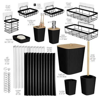 Clara Clark Black Bathroom Set, Shower Curtain Set and Shower Caddy Hanging | 25 Piece Bathroom Accessories Set with Toothbrush Holder, Soap Dispenser, Soap Dish, Toilet Brush, and Bathroom Trash Can - color: Black, size: Complete Set + Shower Caddy