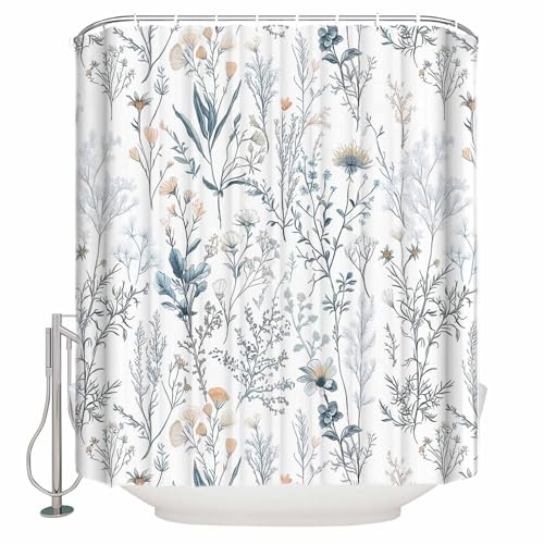 Botanical Floral Bathroom Shower Curtains with 12 Hooks Polyester Waterproof Shower Curtain for Stalls and Bathtubs Flowers Leaves Plants Light Blue Decorative Bathroom Privacy Curtain 54x78 Inches - size: 54"W x 78"L (Pack of 1)