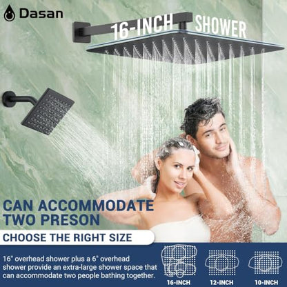 Dasan Thermostatic Dual Shower System with 6 Body Jets, 6-Inch Shower & 16” Rainfall Shower, Luxury Matte Black Shower Faucet Set Rain Shower System for Couples/ 2-Person - color: Matte Black