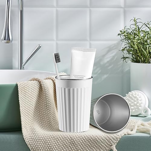 Toothbrush Cup Holder for Bathroom,Reusable Stainless Steel Bathroom Cup | 3"x4.5" Unbreakable Gray Bathroom Tumbler Cup ,300ml Easy To Clean Striated Mouthwash Cup - color: White