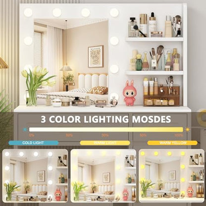 Vanity Desk with Mirror and Lights & Power Outlet | Makeup Desk with Drawer Storage Shelves,3 Lighting Mode Adjustable Brightness,Modern Handle Dressing Table with Chair Bedroom