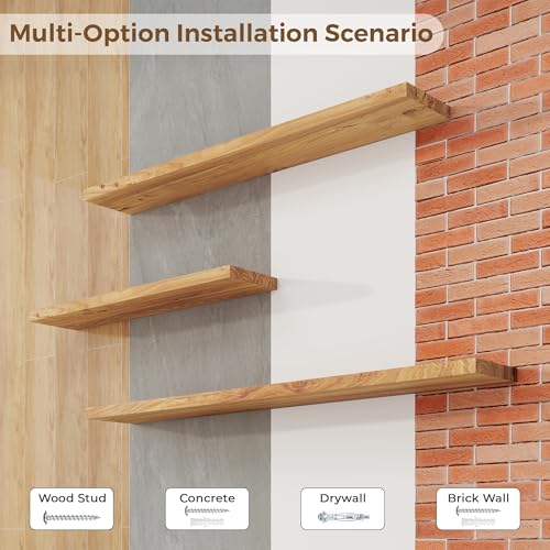 Floating Shelves for Wall, 72in Reclaimed Elm Wood Shelves, Natural | 8" Deep Wall Shelf, Invisible Bracket, Large Long Wall Shelves, Living Room, Bedroom, Kitchen, Bathroom - color: Natural Flat Edge, size: 72 inches - 1P