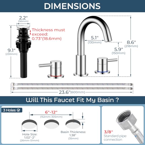 FGKQ 3-Hole 2-Handle Widespread Bathroom Sink Faucet, Chrome | Stainless steel, pop-up drain included, 360°swivel spout, for vanity sink 3-hole mount, 8-in widespread - color: Chrome