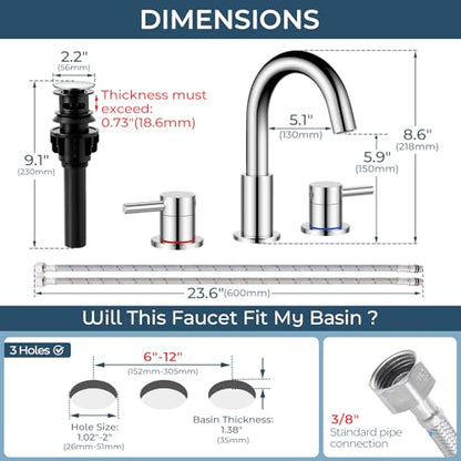 FGKQ 3-Hole 2-Handle Widespread Bathroom Sink Faucet, Chrome | Stainless steel, pop-up drain included, 360°swivel spout, for vanity sink 3-hole mount, 8-in widespread - color: Chrome
