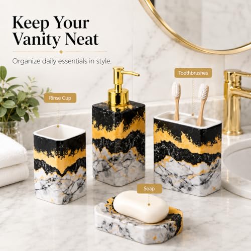 4 Piece Bathroom Accessories Set - Black and White Includes Lotion Dispenser, Toothbrush Holder Tumbler, and Soap Dish - Glossy Finish (Marble, Black, and White) - color: Black, and White