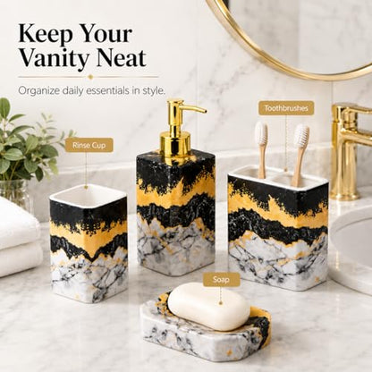 4 Piece Bathroom Accessories Set - Black and White Includes Lotion Dispenser, Toothbrush Holder Tumbler, and Soap Dish - Glossy Finish (Marble, Black, and White) - color: Black, and White
