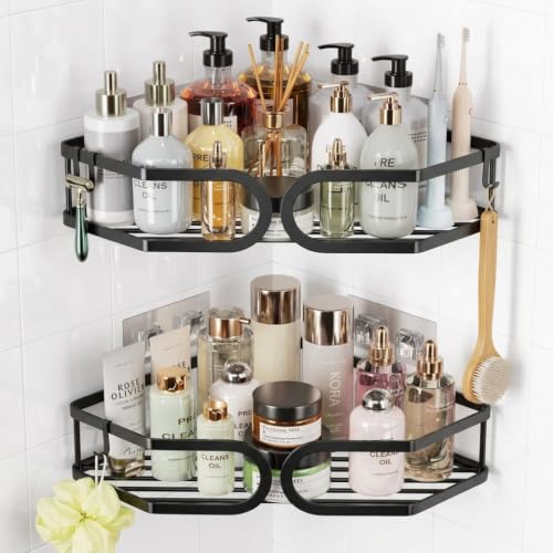 Corner Shower Caddy No Drill Wall Mounted 304 Stainless Steel Durable Large Capacity Adhesive Shower Rack Organiser Quick Dry Rustproof Bathroom Storage Shelves - 2 Pack (Black) - color: Coner Black, size: 2 Pack