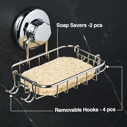HASKO 2-Pack Suction Cup Soap Holder – Bar Soap Dish for Shower with Hooks for Bathroom – Optional Mounting with Adhesive Tape or Glue – Includes 2 Soap Savers – Stainless Steel SS304 - Silver - color: Silver (2 Pack)