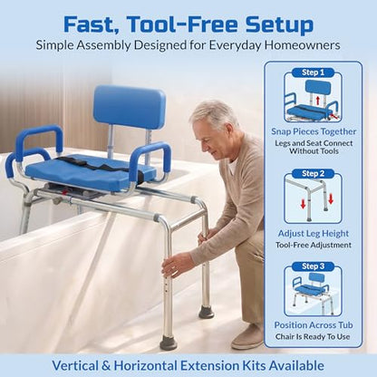 Carousel Sliding Shower Chair Tub Transfer Bench with Swivel Seat, Bariatric, Premium Padded with Pivoting Arms, High Capacity, Heavy Duty for Tubs, Inside Shower, for Handicap & Seniors, Blue | Slide Safely In & Out of the Tub - Blue, padded seat, padded
