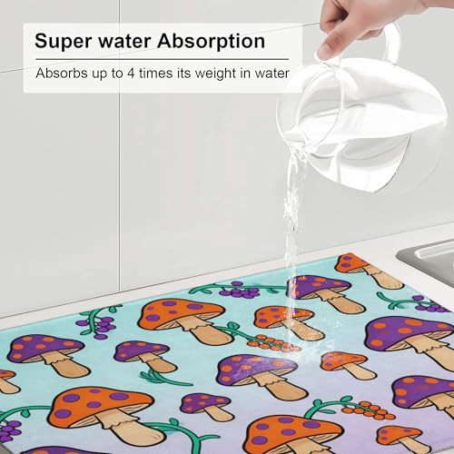 Cute Cartoon Mushroom Kitchen Dish Drying Mat Absorbent Reversible Microfiber Pad Fast Drying Countertop Protector Large “18 x 24" Dish Mat - color: Blue-purple-Mushroom