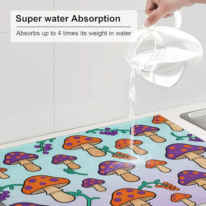 Cute Cartoon Mushroom Kitchen Dish Drying Mat Absorbent Reversible Microfiber Pad Fast Drying Countertop Protector Large “18 x 24" Dish Mat - color: Blue-purple-Mushroom
