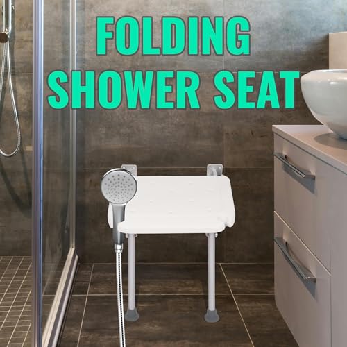 KUAFU Folding Shower Seat, Wall Mounted Bathroom Bathtub Safety Stool, | 18.31"x16.34"x3.54" Foldable Shower Chair W/Support Legs for Inside Shower, Seniors, Elderly and Disabled White 400LBS