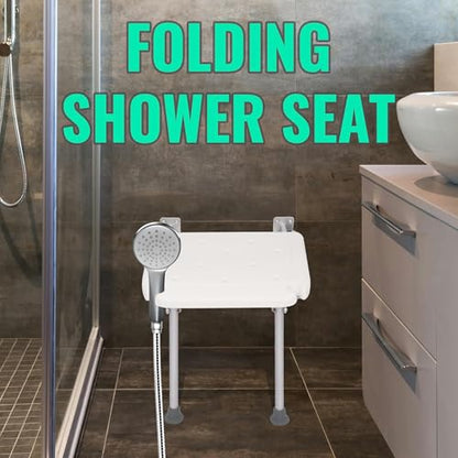 KUAFU Folding Shower Seat, Wall Mounted Bathroom Bathtub Safety Stool, | 18.31"x16.34"x3.54" Foldable Shower Chair W/Support Legs for Inside Shower, Seniors, Elderly and Disabled White 400LBS