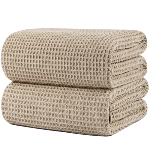 POLYTE 430 GSM Poly Blend Microfiber Waffle Bath Sheet XL Set, 35x70 in | 2 Pack, Oversize, Lint Free, Quick Dry - color: Beige, size: X Large
