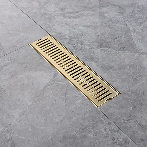 12 Inch Brushed Gold Linear Shower Drain, Removable Rectangle Shower Drain Capsule Pattern Cover Grate With Adjustable Horizontal Foot Thread Adapter, Brass Finish 304 Stainless