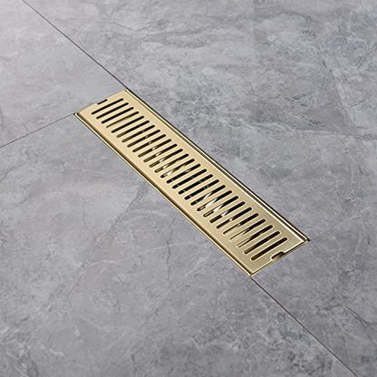 12 Inch Brushed Gold Linear Shower Drain, Removable Rectangle Shower Drain Capsule Pattern Cover Grate With Adjustable Horizontal Foot Thread Adapter, Brass Finish 304 Stainless